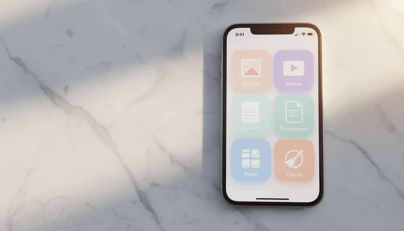 Category selection screen in Cleaner app showing photos, videos, and documents options