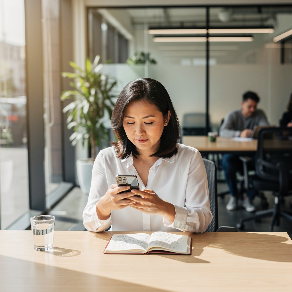 Person reviewing iPhone storage categories on a bright desk with coffee, methodically working through file cleanup process